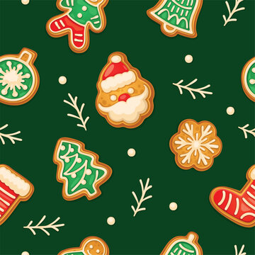 Christmas cookie pattern. Xmas sweet cookies seamless wallpaper, gingerbread man tree candy icing decoration snowflake santa sock bell winter holiday cartoon vector illustration