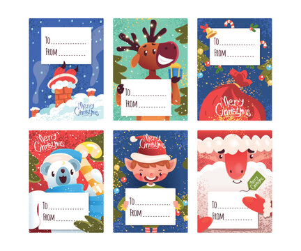 Christmas gift tags. Merry xmas greeting gift card tag, winter holiday sticker label badge santa bag elf deer bear tree snow bell berries cartoon characters set vector illustration