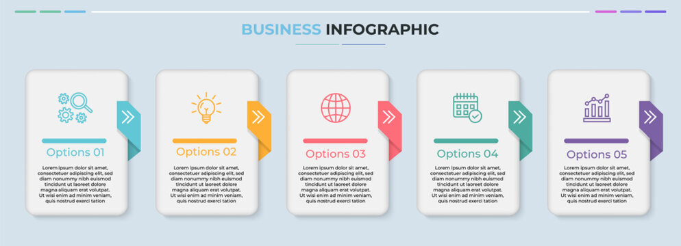 Modern flat business infographic template with five steps process cards and arrow ribbon tabs for presentation