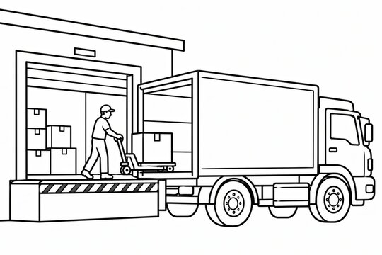 Simple line drawing illustration of a large cargo semi truck for logistics business