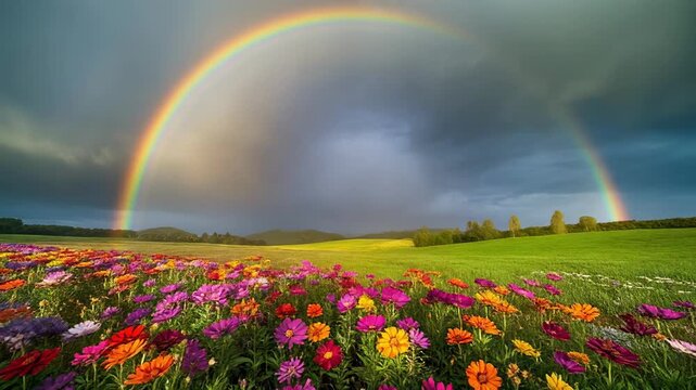 Double rainbow arcing over a vibrant wildflower field during a dramatic storm with cinematic motion and soft lighting