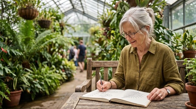 Active senior living a fulfilling life. An older woman is drawing in a sketchbook while sitting in a lush green greenhouse.