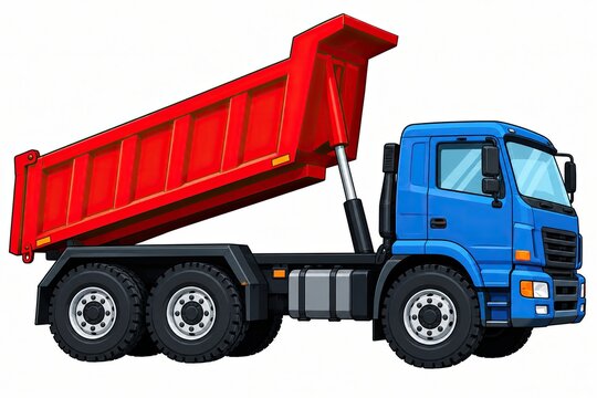 A bright blue dump truck with a red trailer bed isolated on a simple white background