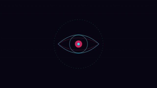 Minimalist geometric eye emblem line art abstract rotating HUD loop animation for meditation, mindfulness, and spiritual tech visual backgrounds in 4K.