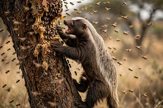 Fierce honey badger Mellivora capensis attacking a wild beehive on a tree trunk surrounded by a massive swarm of defensive African honey bees Apis mellifera in a natural savanna habitat