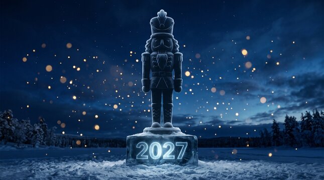 Majestic Ice Sculpture Nutcracker Standing Tall in a Snowy Winter Landscape for the Year 2027