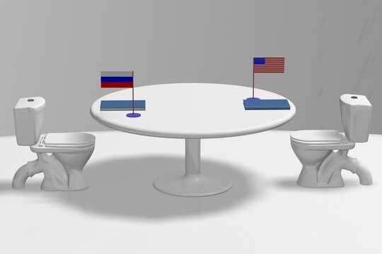 3D satire: US and Russia leaders sit on toilets at a round table, unable to agree. Absurd diplomatic deadlock concept.