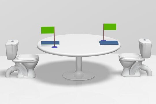 3D satire of two toilets at a round table with green flags. Absurd bilateral diplomatic deadlock or peace talks concept.