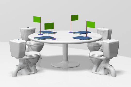 3D satire of three toilets at a round table with green flags. Absurd trilateral diplomatic deadlock or peace talks concept.