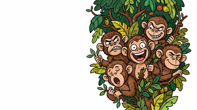 Cartoon monkey group with expressive faces among green leaves