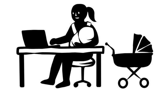 Working mother holding baby at laptop with stroller stick figure pictogram icon clipart
