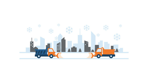 Snowplow trucks clearing snow off city roads during a heavy winter blizzard, with skyline silhouette in background.