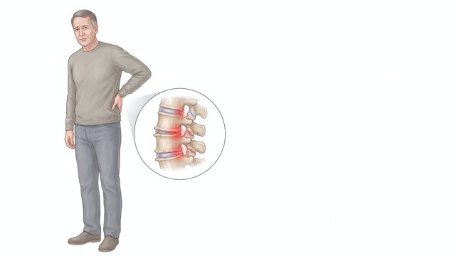 Elderly man holding his lower back showing spinal disc degeneration and inflammation