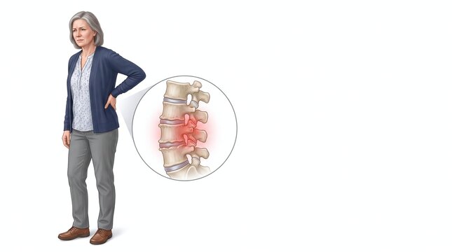 Woman with grey hair experiencing lower back pain spinal disc illustration highlighted with red