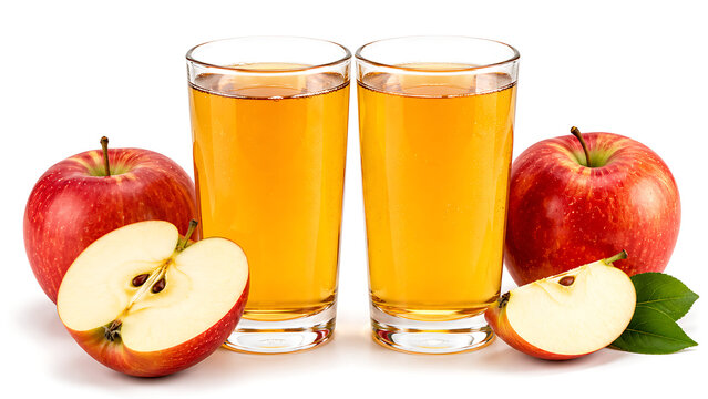 Two glasses of fresh apple juice with red apples isolated on a white background