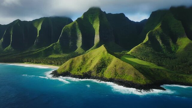 Dramatic aerial view of Na Pali Coast Kauai Hawaii with cinematic drone movement over blue ocean waves