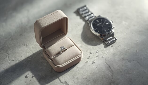 Elegant diamond solitaire engagement ring in beige gift box next to a luxury silver wristwatch on textured grey stone surface