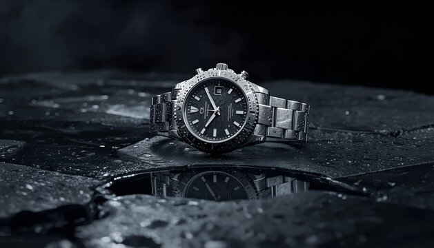 Luxury silver chronograph wristwatch with water drops reflecting on a dark wet stone surface in low light