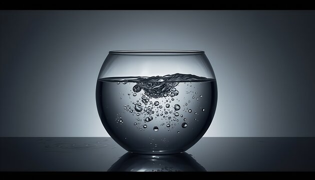 Clear glass fish bowl filled with bubbling water on a reflective surface against a dark grey background