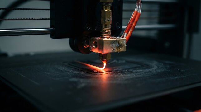 Closeup of a 3d printer nozzle extruding molten plastic filament