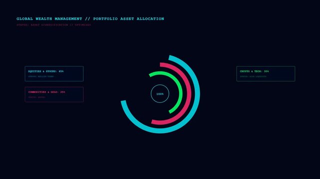 Global wealth management portfolio asset allocation donut chart with diversified stocks, commodities, and crypto metrics loop animation 4K.