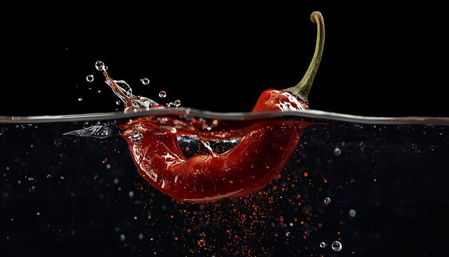 Fresh whole red chili pepper falling into clean water with dynamic splashes and bubbles against a dark black background
