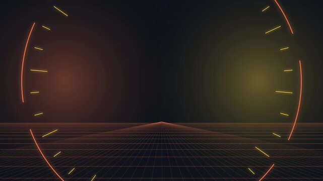 Retro Futuristic Grid Landscape With Neon Arcs and Glowing Lights