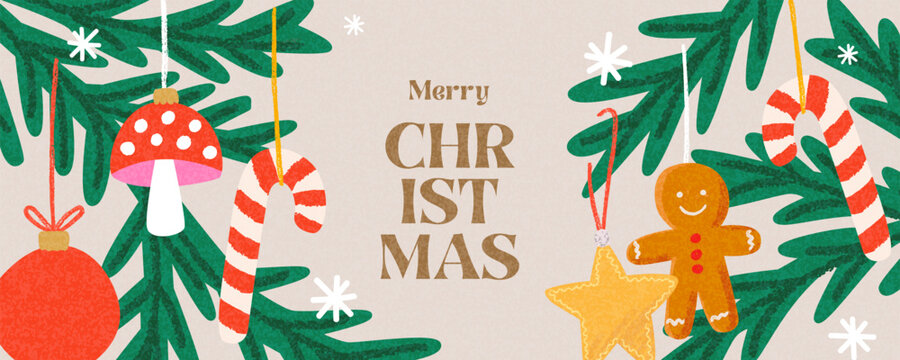 Playful holiday card design with hand-drawn textured illustrations of pine branches, ornaments, candy canes, gingerbread and a star, combined with bold festive typography.