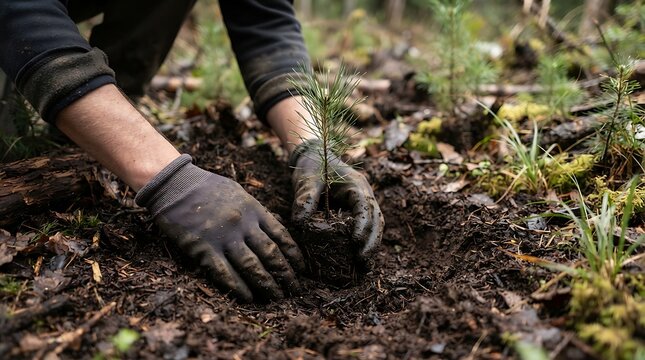 Person planting a small pine tree seedling in forest soil