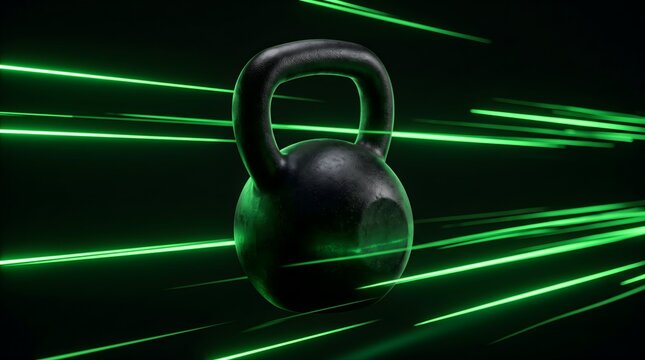 Black kettlebell moving fast through neon green light rays in darkness