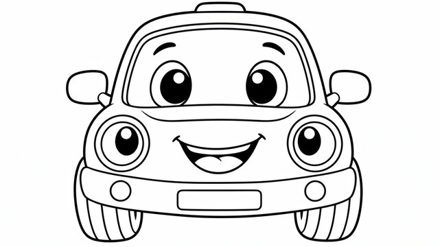 Cute cartoon car character with big happy eyes for kids coloring book page