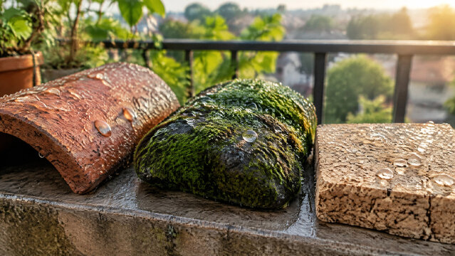 Wet construction materials including mossy stone and clay tile on a balcony at sunrise