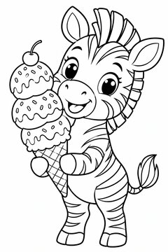 Cute cartoon zebra holding a large ice cream cone for coloring page