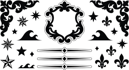 Vintage baroque ornament element set with elegant frame corners dividers stars and fleur de lis symbols vector © Sojol