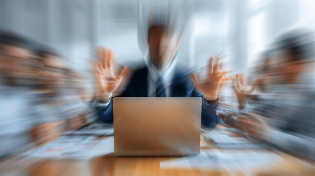Stressed businessman working on laptop computer in a chaotic office environment with motion blur camera effect
