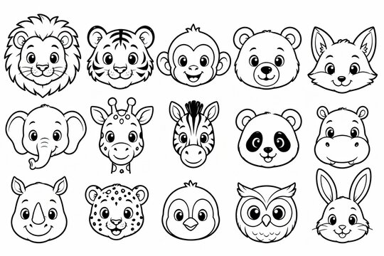 Set of cute animal face icons drawn in a simple black line art style