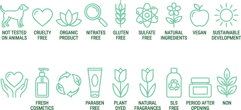 Eco friendly organic cosmetics label line icon set with badge markers for vegan cruelty free sustainable product packaging
