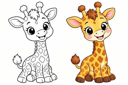 Cute baby giraffe coloring page and colorful cartoon character illustration