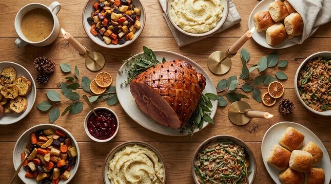 Festive glazed ham dinner with traditional side dishes overhead.