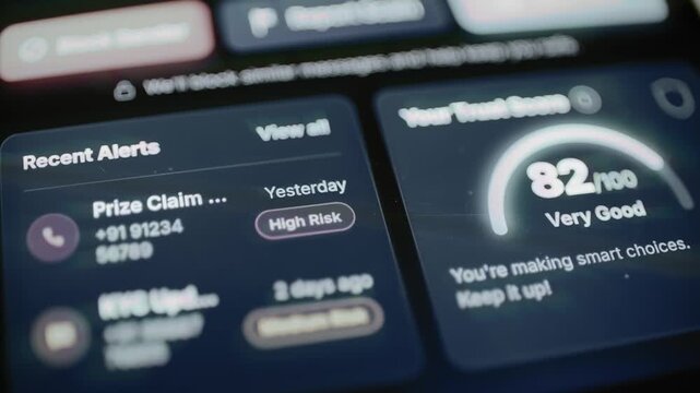 Security dashboard pairs recent alerts with 82 trust score