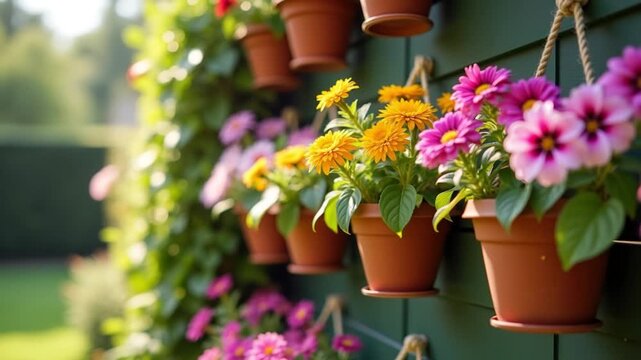 Colorful flower pots hanging in sunlight on a green wall with blurred garden background