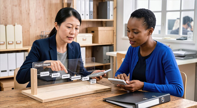 Two diverse female business colleagues discussing transparent project stages flowchart board at desk in office. Asian and Black women analyzing workflow, planning strategy with calculators