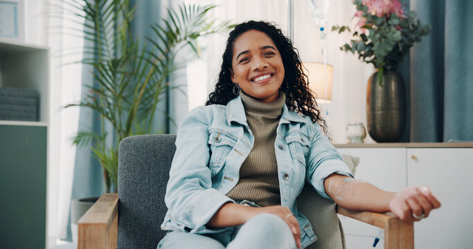 IV drip, portrait and smile of woman in office for minerals, vitamins or wellness treatment. Fluid, hydration and infusion with happy business person in workplace for medical benefits of vitamin C