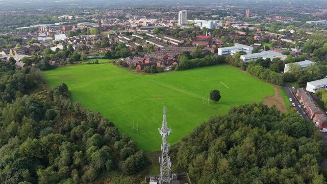 Aerial Video of Oldham North Transmitting Station and Oldham Edge Playing Fields in Greater Manchester. 
