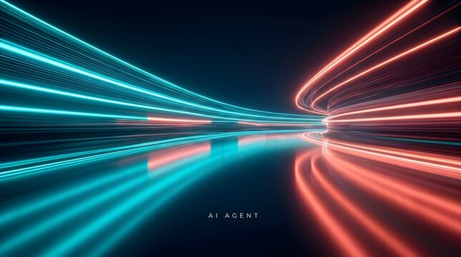 A dynamic tunnel of neon light streaks in red and blue, creating a sense of rapid motion and futuristic technology