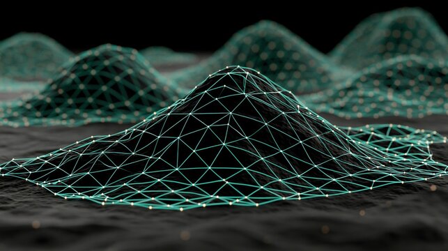 A digital wireframe mesh landscape with glowing nodes forming a mountain peak against a dark background.