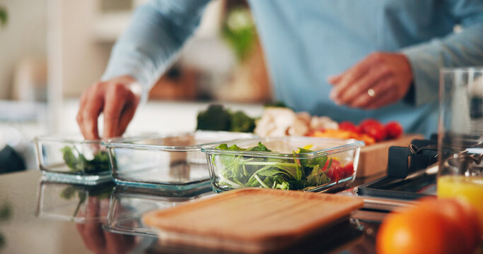 Person, hands and chef with food containers in kitchen for healthy meal prep or ready made snack. Culinary artists, vegetables or vegetarian ingredients for diet, wellness or eating plan in home