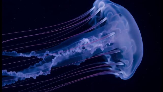 Blue Jellyfish Swimming Gracefully in Deep Dark Ocean Water with Long Tentacles and Translucent Body, Capturing Ethereal Motion and Marine Life Beauty in a Minimalist Macro Composition