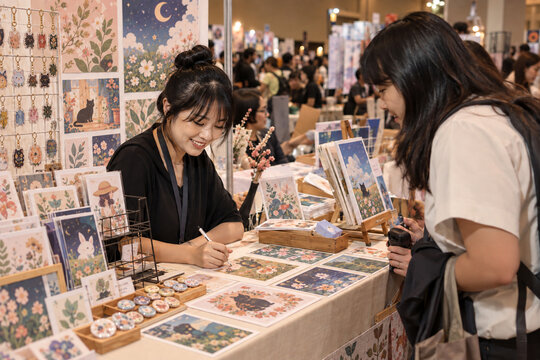Independent artist signing print for customer at event