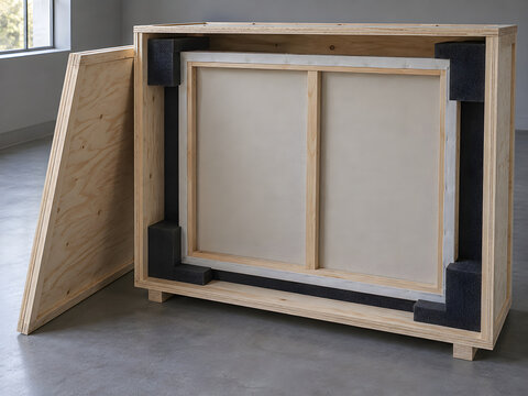 Open protective wooden crate holding the back of a canvas
